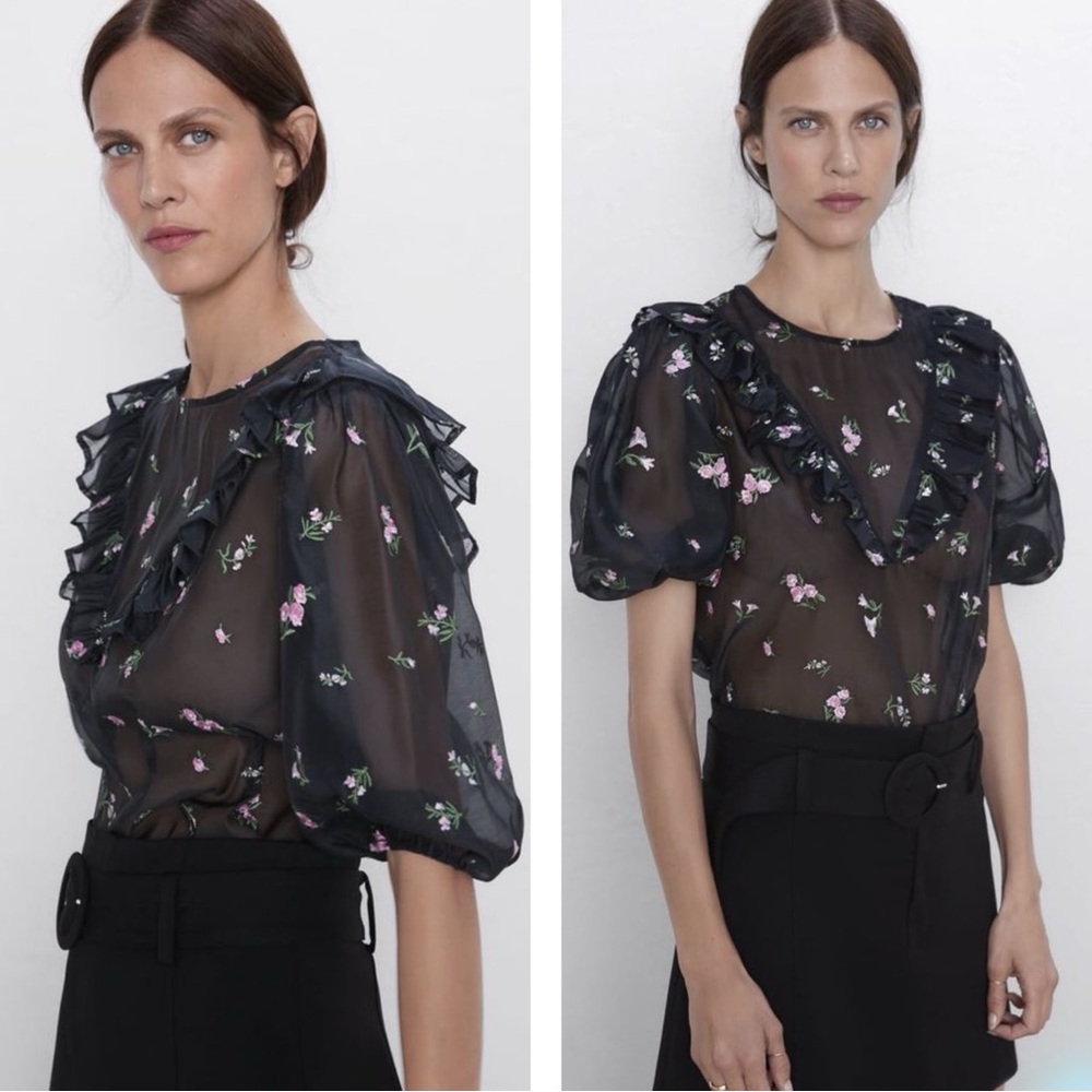 Zara Woman Black Sheer Embroidered Floral Ruffle Balloon Puff Sleeve Top SMALL